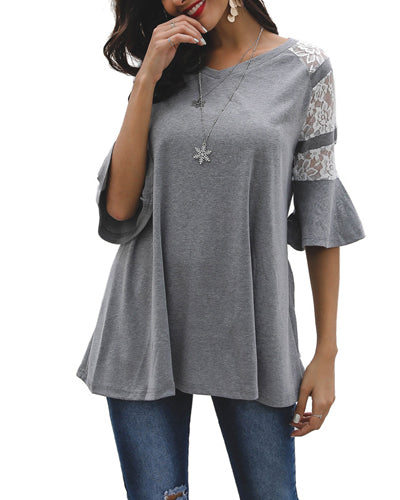 Mid-Sleeve Stitching Lace Trumpet Sleeve T-Shirt