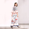 Women's stand collar trumpet sleeve print large dress