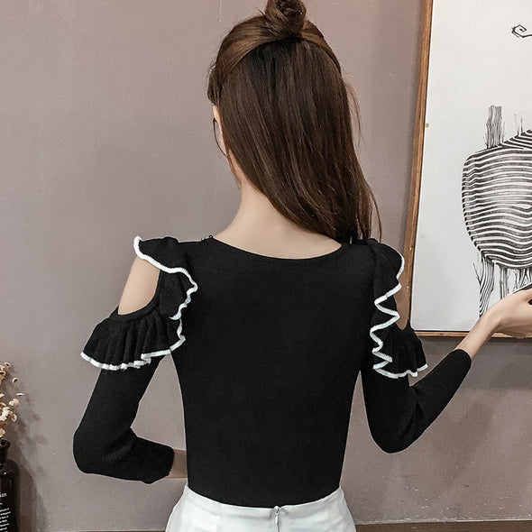 Off-The-Shoulder Ruffled Sleeves Solid Color Sweater