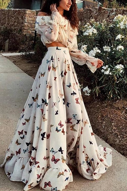 Sexy Off Shoulder Butterflies Floral Printed Maxi Dress