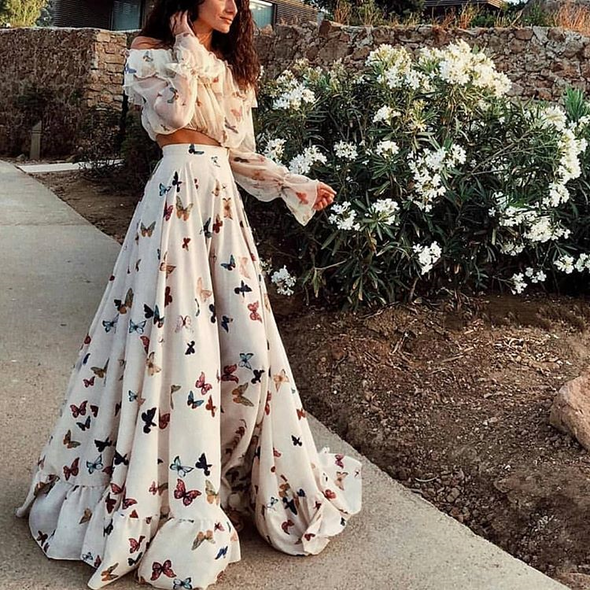 Sexy Off Shoulder Butterflies Floral Printed Maxi Dress