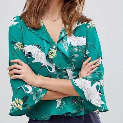 Crane Print Flounce Long Sleeve V neck Blouse