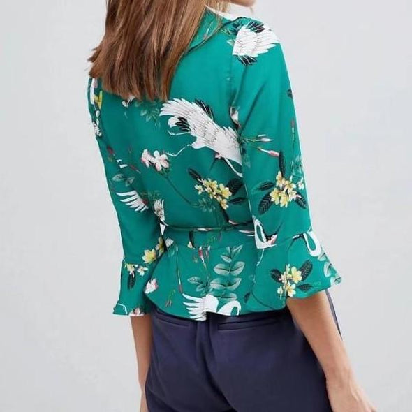 Crane Print Flounce Long Sleeve V neck Blouse