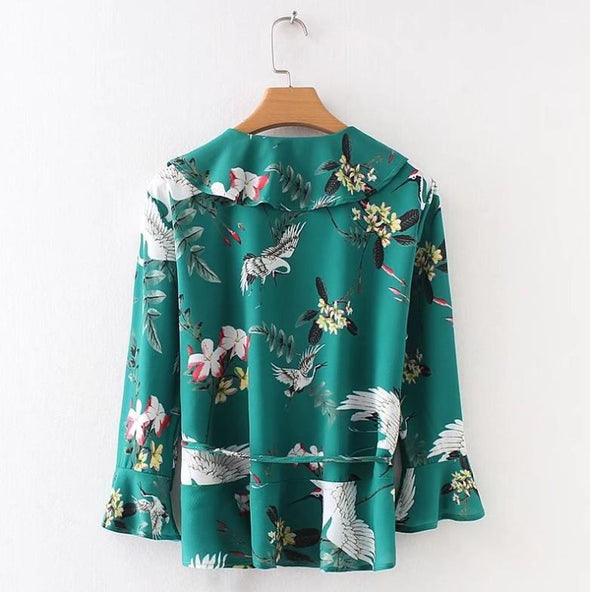 Crane Print Flounce Long Sleeve V neck Blouse