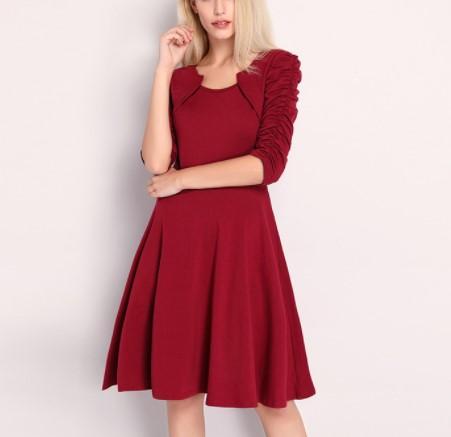 3/4 Sleeve Fold Round Neck High Waist Skater Dresses