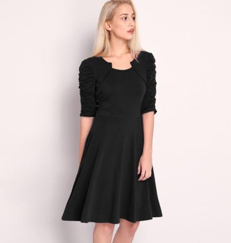 3/4 Sleeve Fold Round Neck High Waist Skater Dresses