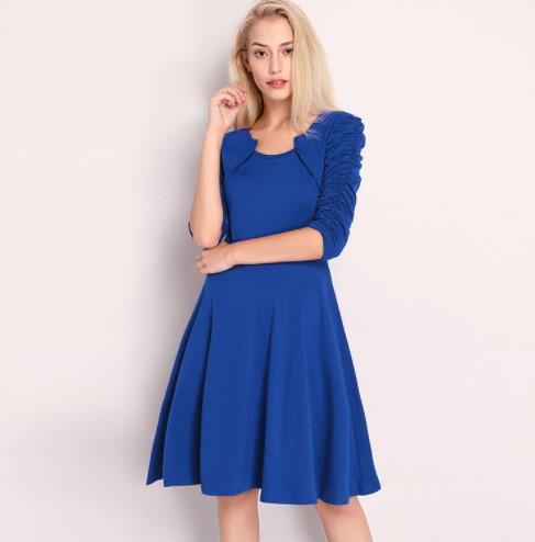 3/4 Sleeve Fold Round Neck High Waist Skater Dresses