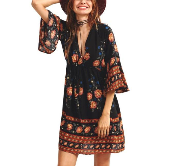 Bell Sleeve V Neck Printing High Waist Floral Dresses