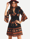 Bell Sleeve V Neck Printing High Waist Floral Dresses