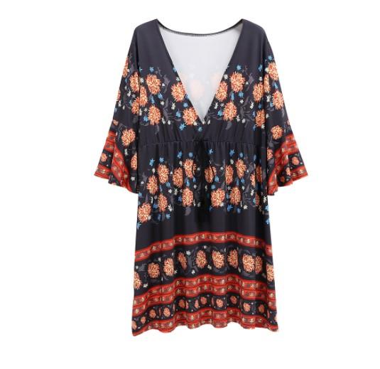 Bell Sleeve V Neck Printing High Waist Floral Dresses