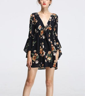 Chiffon Bell Sleeve V Neck High Waist Floral Dresses