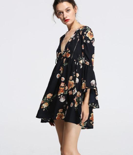 Chiffon Bell Sleeve V Neck High Waist Floral Dresses