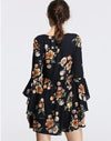 Chiffon Bell Sleeve V Neck High Waist Floral Dresses