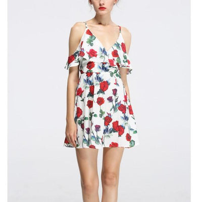 Cold Shoulder Spaghetti Straps V Neck Floral Dresses