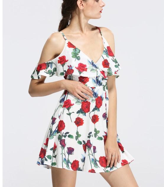 Cold Shoulder Spaghetti Straps V Neck Floral Dresses