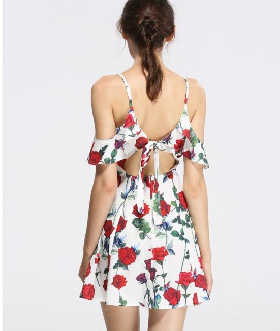 Cold Shoulder Spaghetti Straps V Neck Floral Dresses