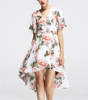 Chiffon Short Sleeve V Neck High Waist Floral Dresses