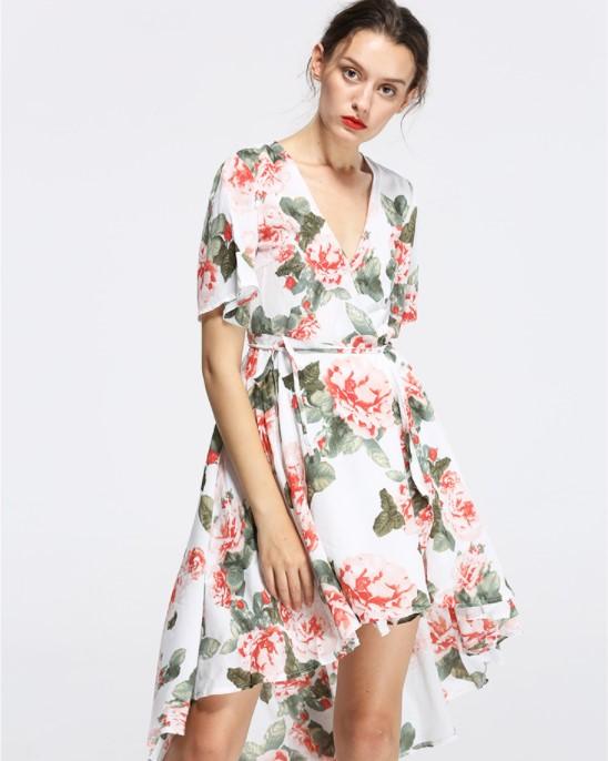 Chiffon Short Sleeve V Neck High Waist Floral Dresses