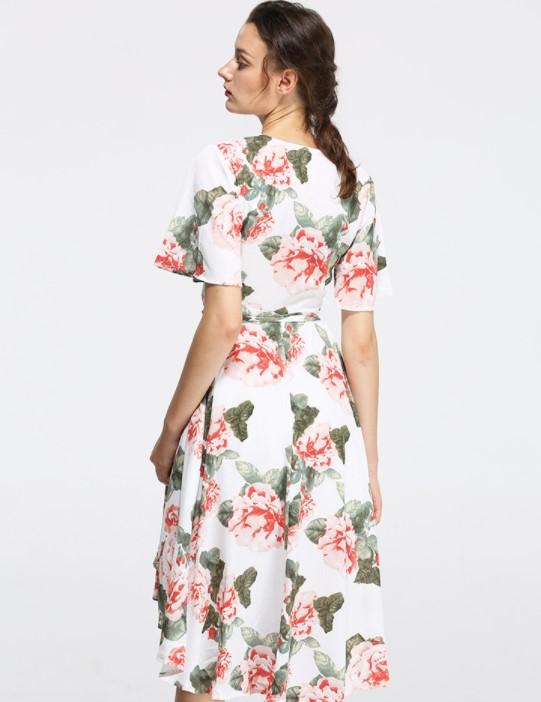 Chiffon Short Sleeve V Neck High Waist Floral Dresses