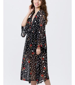 Chiffon Printing V Neck High Waist Floral Dresses