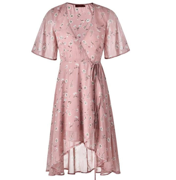 Chiffon Bandage V Neck Short Sleeve Floral Dresses