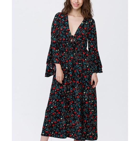 Chiffon Bell Sleeve V Neck High Waist Maxi Floral Dresses