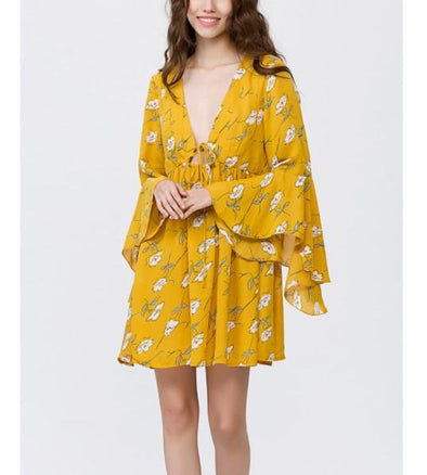 Bell Sleeve V Neck High Waist Floral Dresses