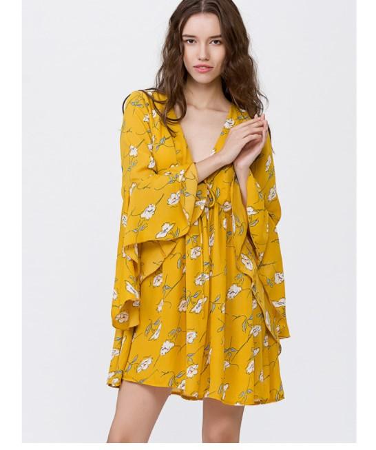 Bell Sleeve V Neck High Waist Floral Dresses