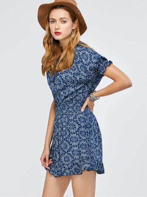 Chiffon V Neck Short Sleeve High Waist Floral Dresses