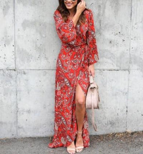 Chiffon Long Sleeve V Neck Maxi Floral Dresses