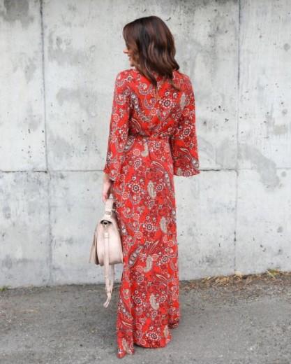 Chiffon Long Sleeve V Neck Maxi Floral Dresses