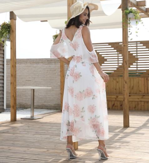 Chiffon Cold Shoulder  V Neck Printing Maxi Floral Dresses