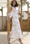 Chiffon Cold Shoulder  V Neck Printing Maxi Floral Dresses