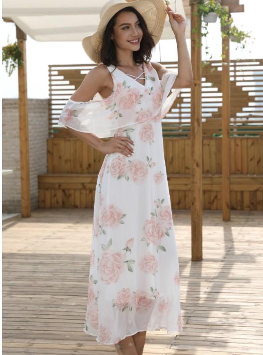 Chiffon Cold Shoulder  V Neck Printing Maxi Floral Dresses