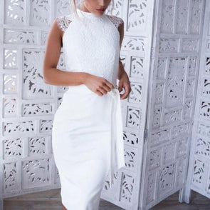 Bandage Round Neck Sleeveless High Waist Lace Dresses