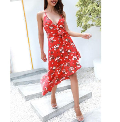 Chiffon V Neck Spaghetti Straps Bandage Floral Dresses