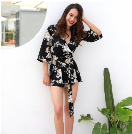 3/4 Sleeve Bandage V Neck Mini Floral Dresses