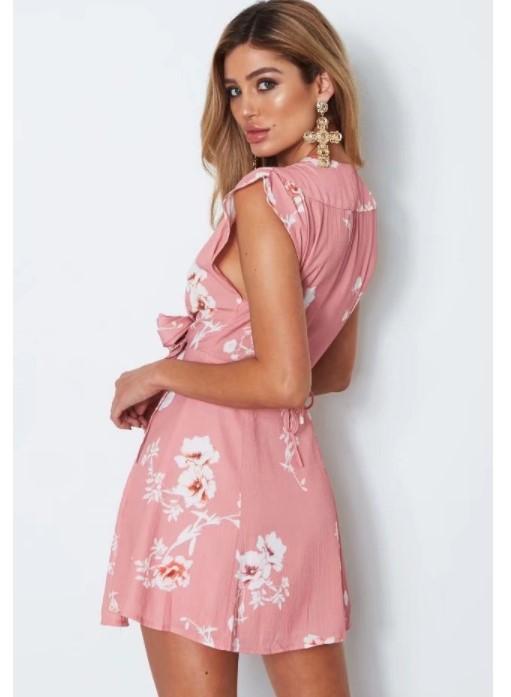 Bandage V Neck Sleeveless High Waist Floral Dresses