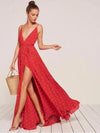 Bowknet V Neck Spaghetti Straps Split Maxi Dresses