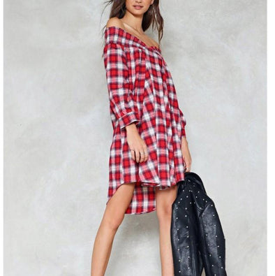 Check Long Sleeve Off Shoulder Shift Dresses