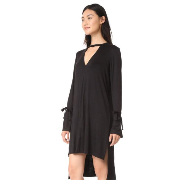 Black Split V Neck Long Sleeve Shift Dresses