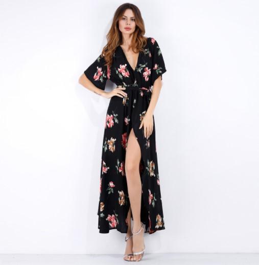 Chiffon Printing V neck Split Maxi Dresses