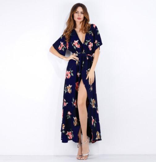 Chiffon Printing V neck Split Maxi Dresses