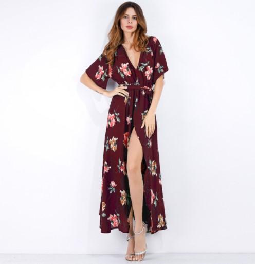 Chiffon Printing V neck Split Maxi Dresses