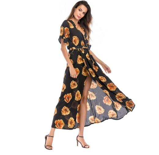 Chiffon Printing V Neck Split Maxi Dresses