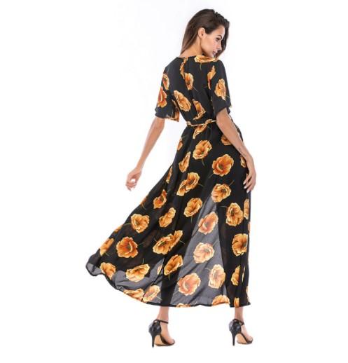 Chiffon Printing V Neck Split Maxi Dresses