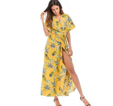 Chiffon Printing V Neck Short Sleeve Maxi Dresses