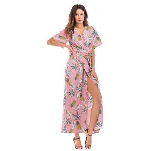 Chiffon Printing V Neck Short Sleeve Maxi Dresses