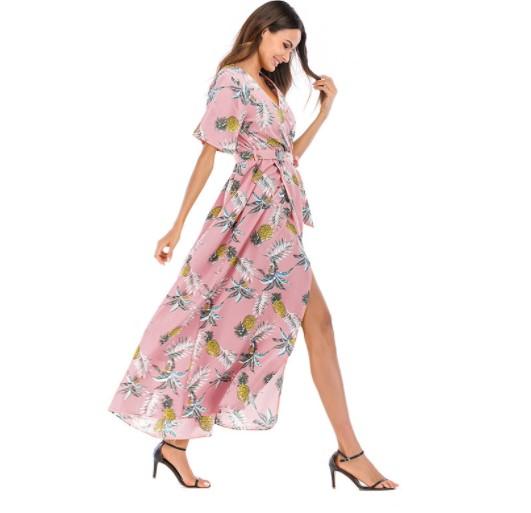 Chiffon Printing V Neck Short Sleeve Maxi Dresses