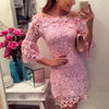 3/4 Sleeve Off Shoulder Solid Color Mini V Neck High Waist Lace Dresses